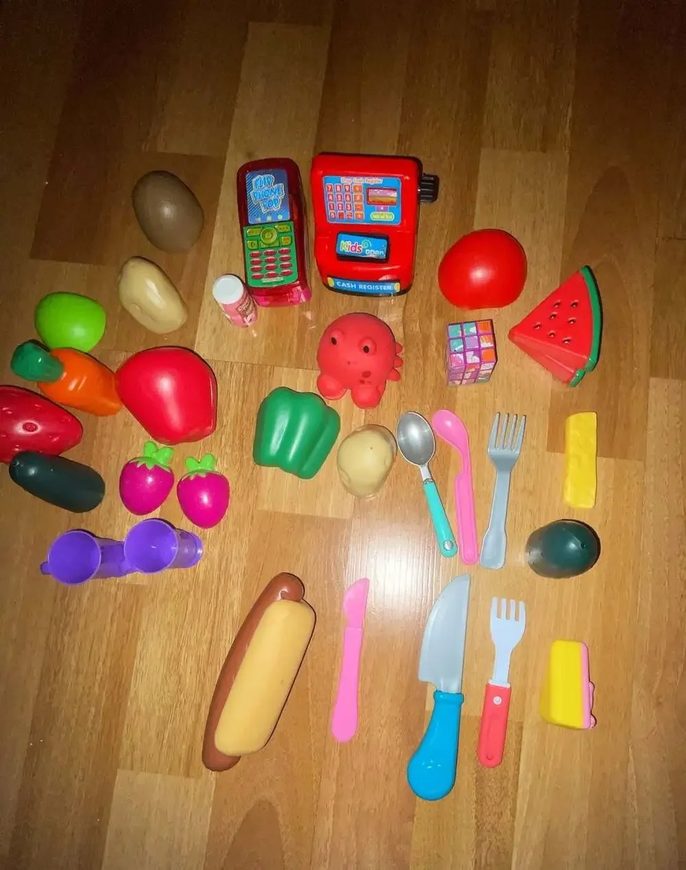 Mixed Lot of Plastic Pretend Play Food, Kitchen Utensils, and Cash Register Toy